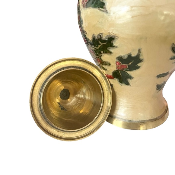 Vintage Brass Ginger Jar with Lid Christmas Tree/Holly Design Decor - Picture 3 of 10